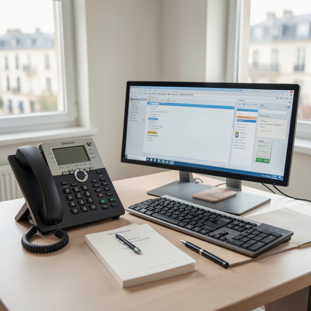 Bureau de contact Grelvona à Bordeaux avec téléphone, ordinateur et carnet de messages