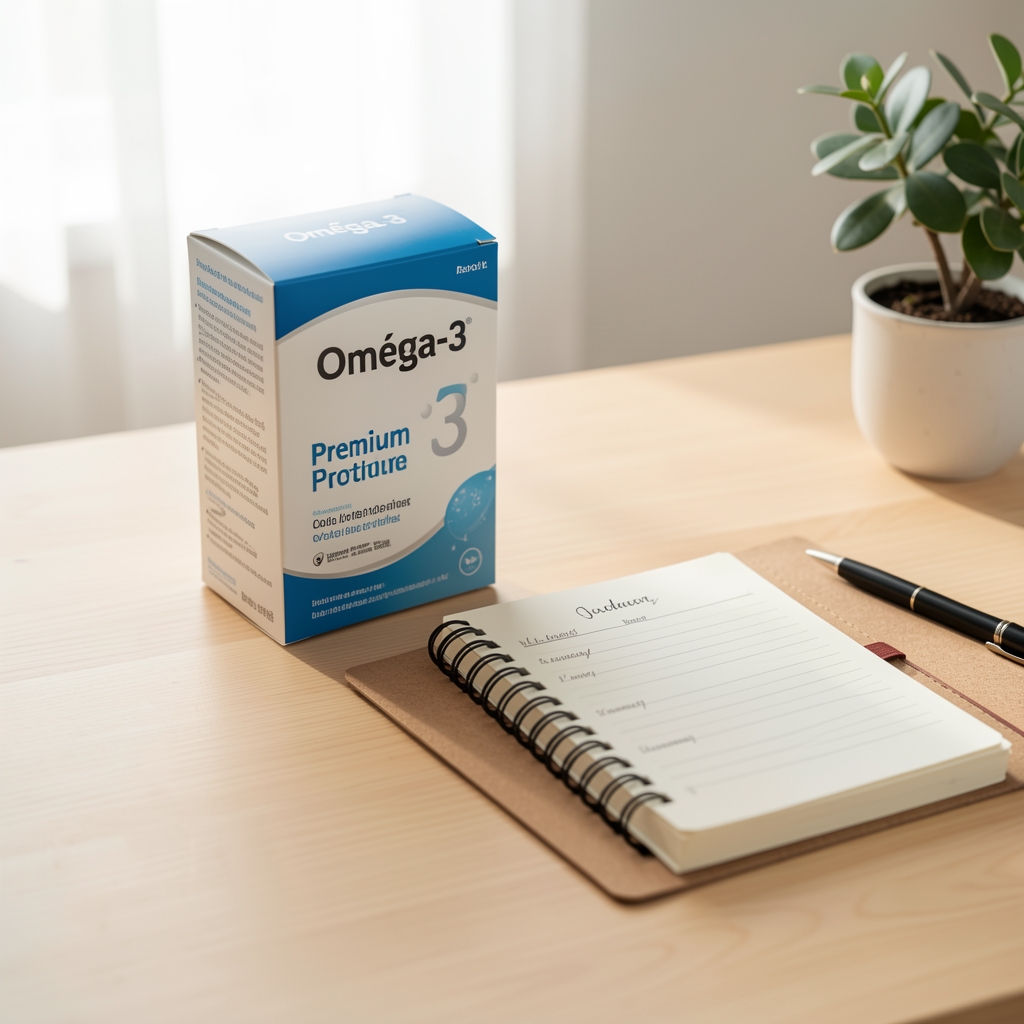 Plan de travail lumineux avec boîte Oméga-3 Premium et carnet de routine quotidienne