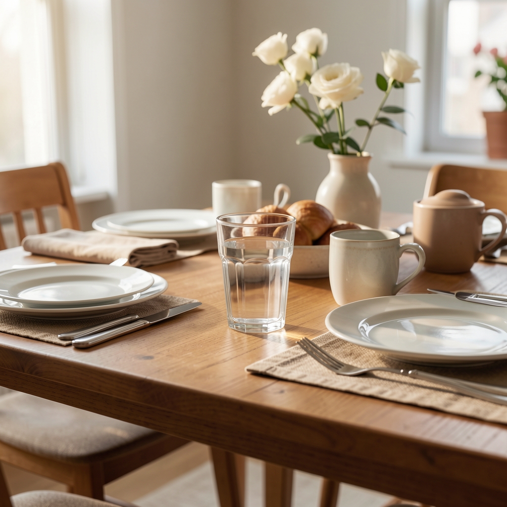 Table de petit-déjeuner avec verre d'eau, agenda et boîte Grelvona pour une routine matinale