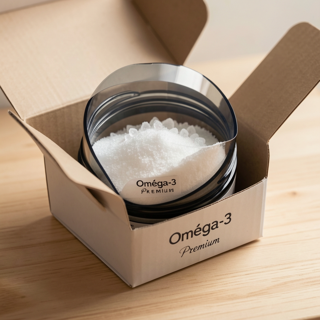 Détail de la boîte Oméga-3 Premium préparée pour une commande contre remboursement