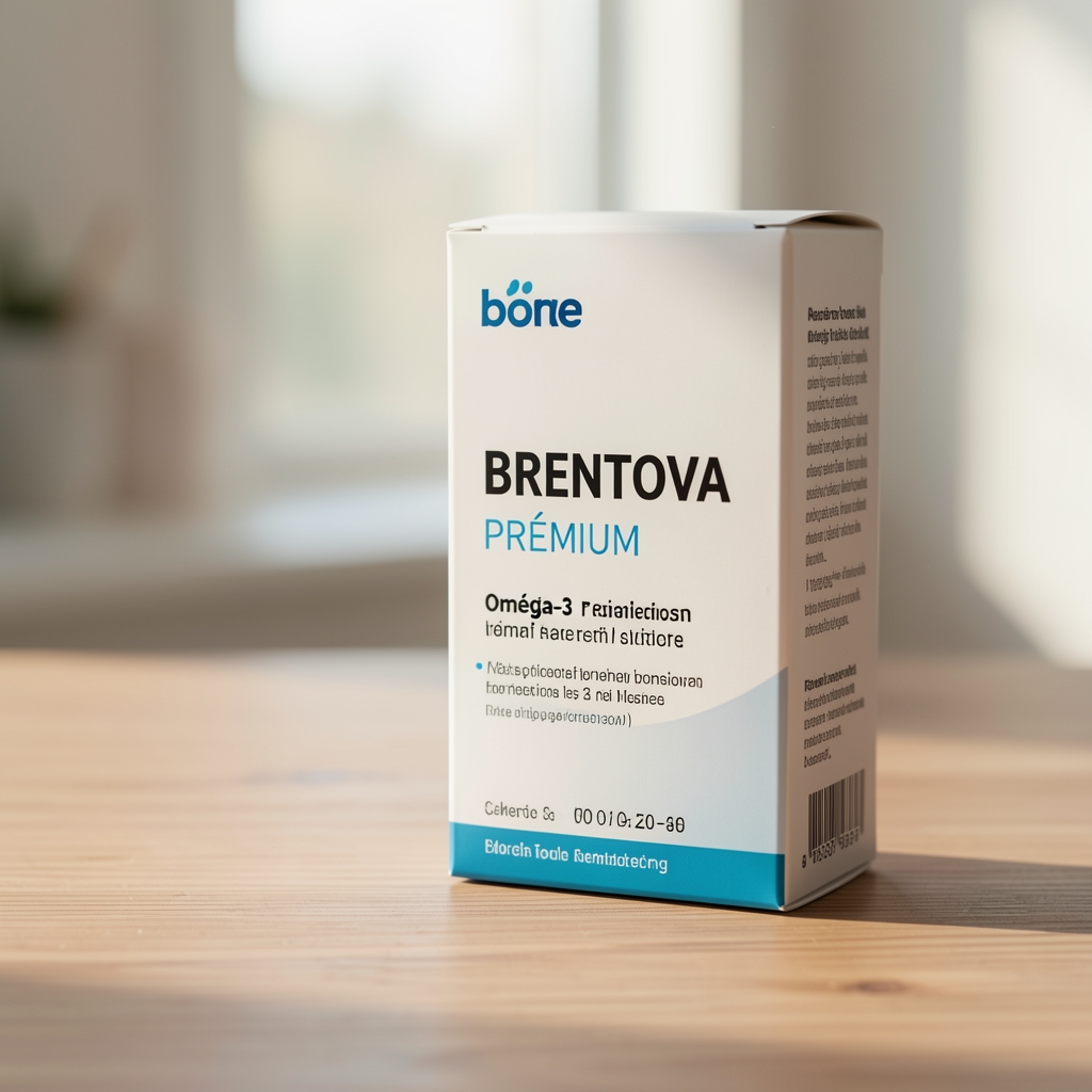 Boîte Grelvona Oméga-3 Premium posée près d'un verre d'eau et d'un carnet de suivi quotidien